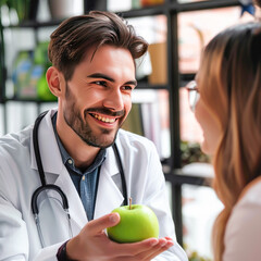 Happy male doctor talking with female patient showing green apple