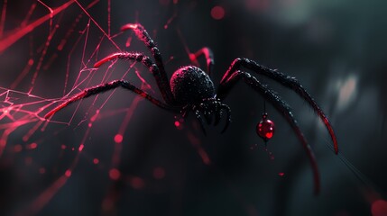 A close-up of a spider hanging on its web. The spider is black and has red eyes. The web is glowing red. The image is dark and moody.