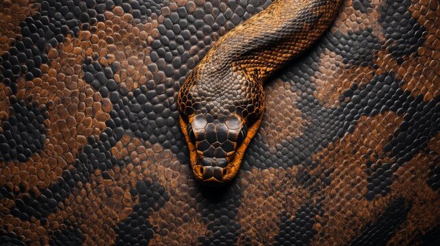 Dark background as snake skin texture, python with snake head , photo. 3д. Background, wallpaper, pattern.