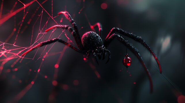 A close-up of a spider hanging on its web. The spider is black and has red eyes. The web is glowing red. The image is dark and moody.