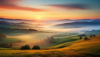 Fototapeta premium Distant sunrise over a misty valley A panoramic view of a misty valley at sunrise. Mist rolls gently over the hills and fields