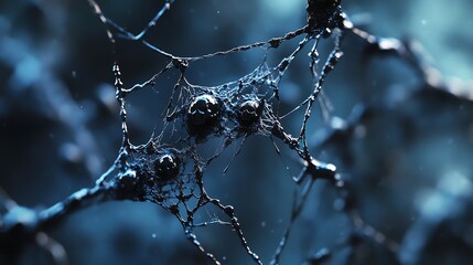 A close-up of a delicate web of black lines, creating a intricate and beautiful pattern against a soft blue background.