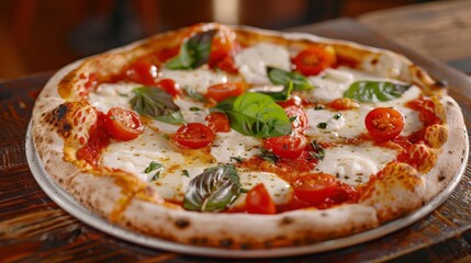 Gourmet pizza with mozzarella, basil, and cherry tomatoes on a wooden table