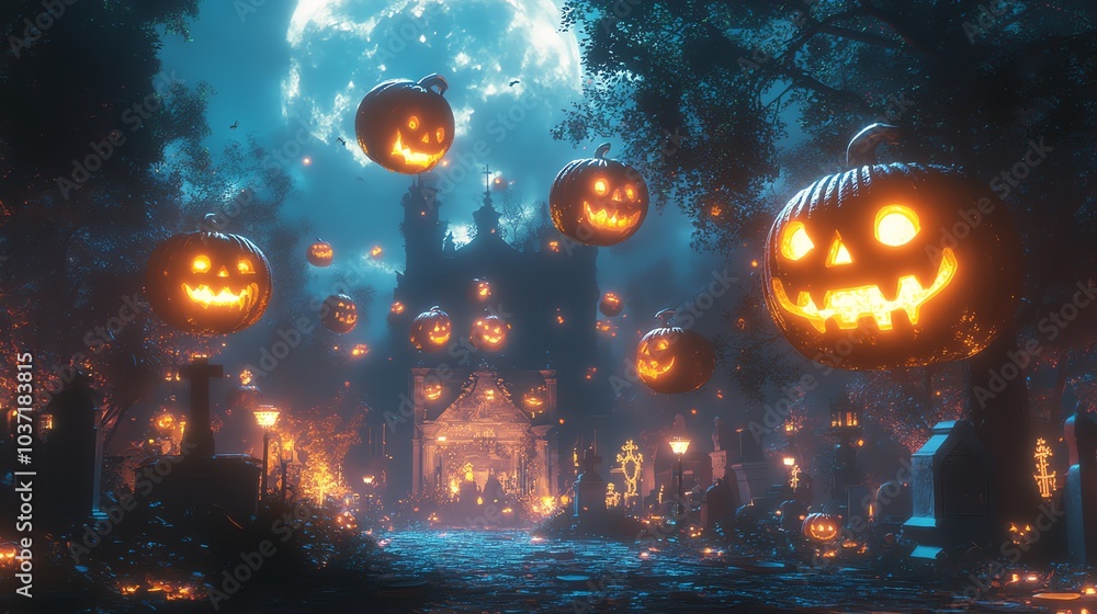 Wall mural a spooky halloween scene with glowing jack-o'-lanterns in a graveyard. the pumpkins are carved with 
