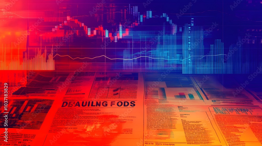 Poster a vibrant digital composition showcasing financial data charts overlaying newspaper articles, repres