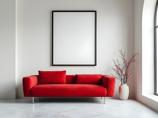 Minimalist interior with red sofa and blank poster mockup in bright room. Empty white frame mockup on the wall. Picture frame mockup. Mock up poster frame
