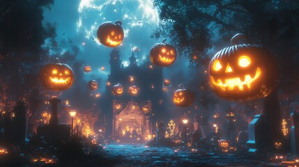 A spooky Halloween scene with glowing jack-o'-lanterns in a graveyard. The pumpkins are carved with scary faces and are lit up from the inside.
