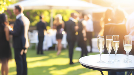 Outdoor corporate event with a soft blur effect, showcasing a networking cocktail hour with professionals mingling in a garden or terrace setting.