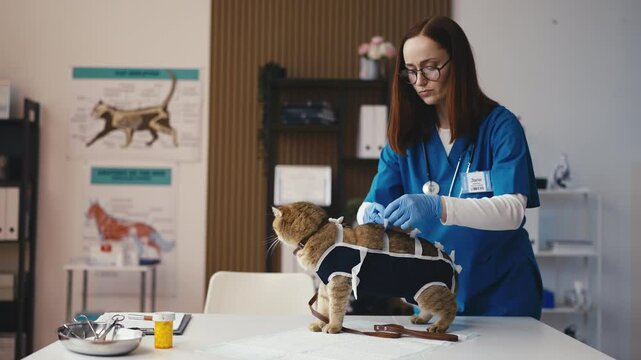 Female animal doctor putting post surgery recovery clothing on a cat, pet health