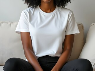 White bella canvas 3001 tshirt mockup on african american woman in minimalist setting for apparel design. Mock up template for t-shirt design print area for logo or design