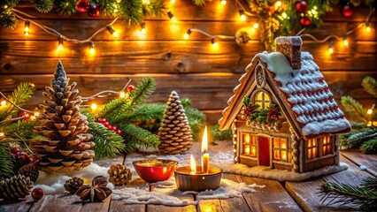Cozy Christmas Cabin Scene with Vintage Decor and Gingerbread House for Warm Holiday Ambiance