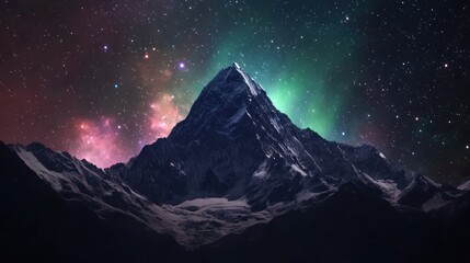 Towering Snowy Mountain Against Vibrant Nebula and Starry Night Sky with Colorful Cosmic Glow