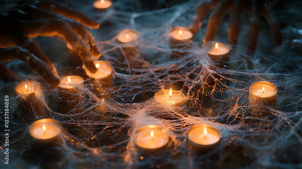 Poster a mystical and atmospheric scene with glowing candles set in a spiderweb, creating a sense of enchan