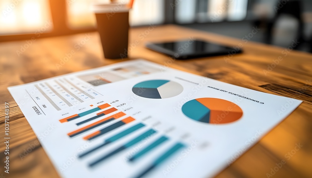 Poster a vibrant business chart displays various graphs and pie charts on a wooden table, alongside a coffe