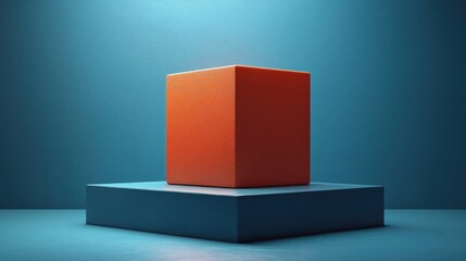 A simple orange cube displayed on a blue pedestal against a gradient background.