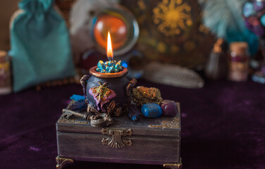Negative energy is burning out. Mystical scene for esoteric content, candle is burning, flame. Fate and prediction 