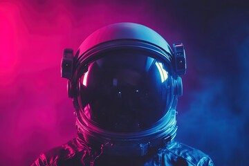 An astronaut helmet on a sleek table.