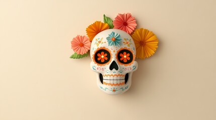 3D illustration of Luminous sugar skull with glowing orange and yellow floral patterns on a simple white background, very realistic