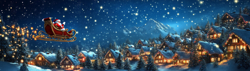Fototapeta premium festive scene featuring Santas sleigh flying over snowy landscape, surrounded by charming cottages illuminated by warm lights. atmosphere is magical and joyful, perfect for holiday season