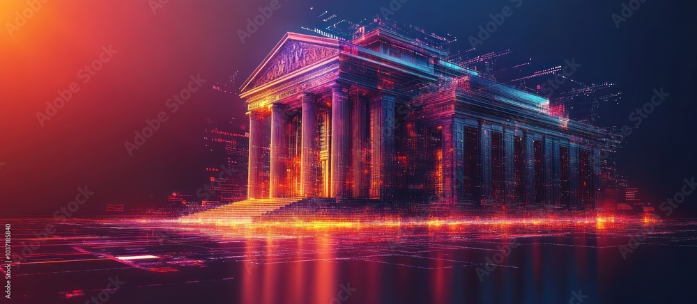 Poster a futuristic digital representation of a classical building with vibrant colors and effects.