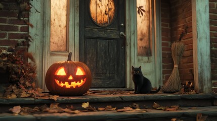 Obraz premium A spooky Halloween scene with a jack-o-lantern, a black cat, and a broom. The door is closed and there are leaves on the ground.