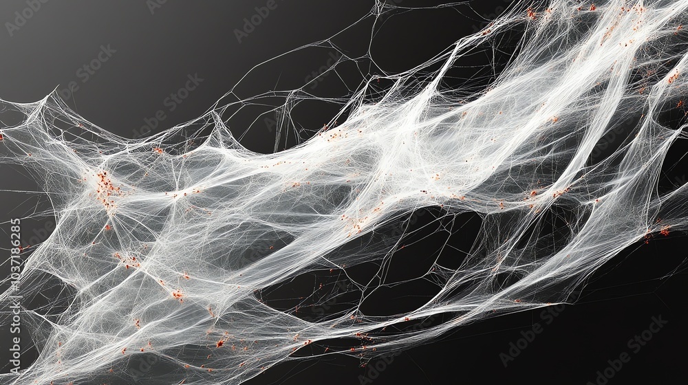 Poster a close-up of a spider web, with intricate details and delicate threads, creating a beautiful and ee
