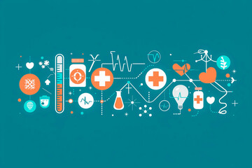 Healthcare and technology concept with flat icons and symbols. Template design for health care business, innovation medicine, science background, medical research. illustration