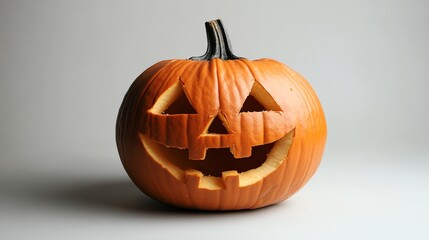 A carved pumpkin with a friendly face sits on a white background. The pumpkin is orange and has a rough texture.