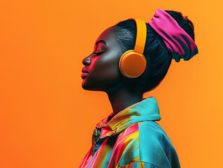 Futuristic female wearing headphone in vibrant color tone