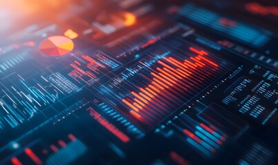 A vibrant digital visualization featuring data graphs and charts, showcasing analytics and statistics in a futuristic design.