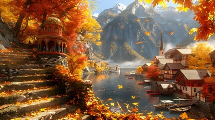 Mountains in fog with beautiful house and church in autumn night.