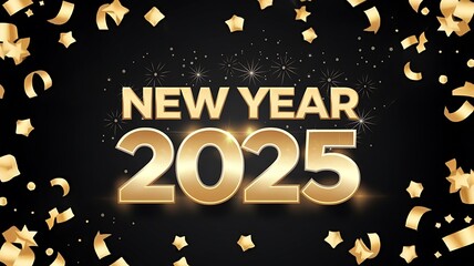 Golden "New Year 2025" with Confetti and Fireworks on Black Background