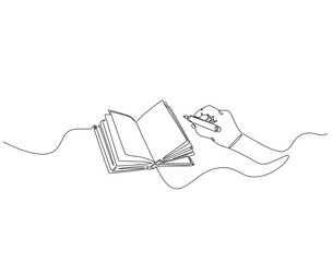 Continuous one line drawing of hand writing in book. One line drawing illustration of world literacy day. Writer, Education, Study concept line art. Editable outline