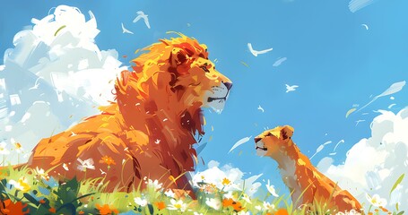 a Lion and its kid are playing together on the grass on the hill.