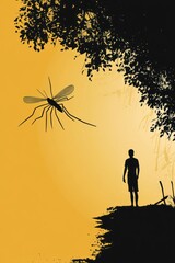 A silhouette of a person stands near a river, gazing at a giant mosquito against a yellow backdrop.