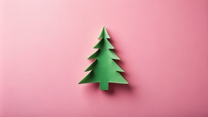 Creative Minimal Christmas Tree Made of Cut-Out Green Paper on Pink Background for Aesthetic New Year Decor