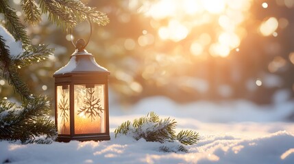 A Lantern Glowing with a Candle Inside, Partially Hidden by Snow-Covered Pine Branches