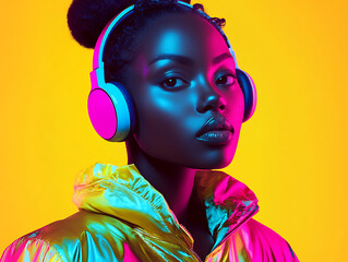 Futuristic female wearing headphone in vibrant color tone
