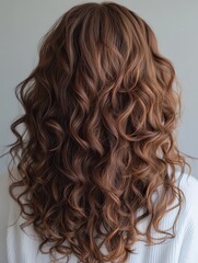 Fototapeta premium Back view of woman with long, wavy brown hair, showcasing intricate curls and natural texture, emphasizing hairstyle and elegance.