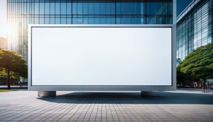 Blank white billboard on modern glass building, ready for custom design or advertisement.