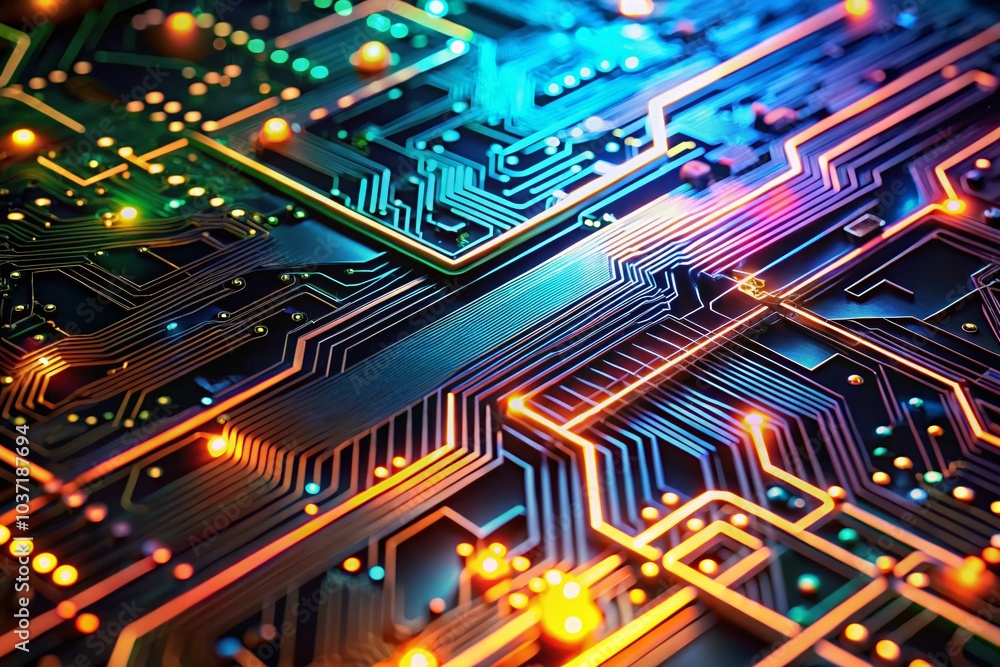 Poster current flowing on chip circuit board - dynamic technology and innovation visuals for electronics en