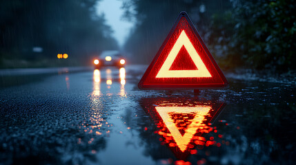 Rain soaked road reflecting the red light of an emergency triangle at night side view emphasizing the danger and alertness needed on wet roads
