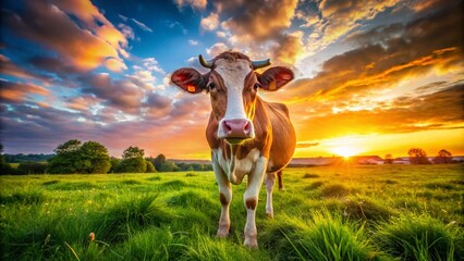 Curious Cow at Sunset in Pasture - Beautiful Friendly Cattle Grazing on Green Lawn