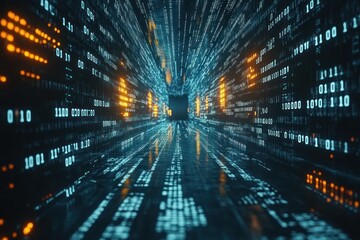 Fototapeta premium A digital tunnel of binary code, symbolizing data flow and technology.