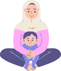 Hijab Mother holding her baby, both smiling, simple illustration