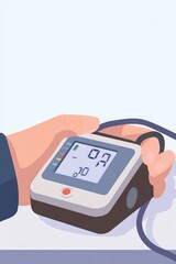 A hand holding a digital blood pressure monitor displaying readings.