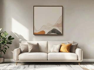Modern living room with elegant beige sofa and abstract wall art. Sunlit space with cozy pillows and indoor plant creates a serene ambiance.