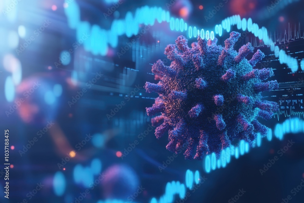 Poster visual representation of a virus with digital elements showcasing data analysis and research