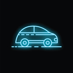 Neon blue car driving on black background icon, modern simple vector illustration