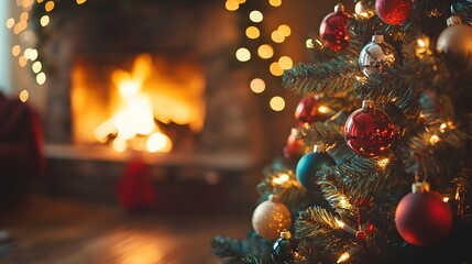 Christmas tree ornaments with fireplace in background